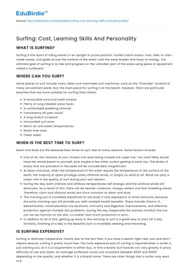 Surfing: Cost, Learning Skills And Personality