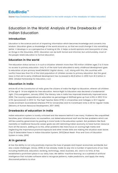 Education in the World: Analysis of the Drawbacks of Indian Education