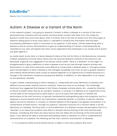 Autism: A Disease or a Variant of the Norm