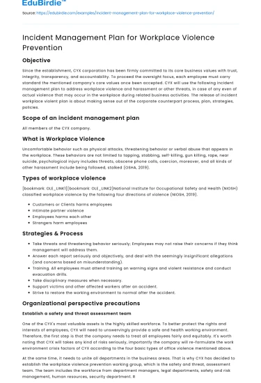 Incident Management Plan for Workplace Violence Prevention