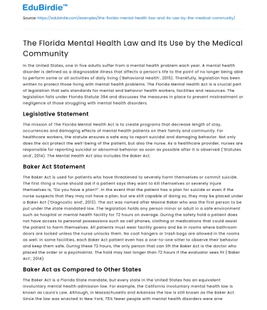 The Florida Mental Health Law and Its Use by the Medical Community