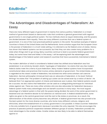 The Advantages and Disadvantages of Federalism: An Essay