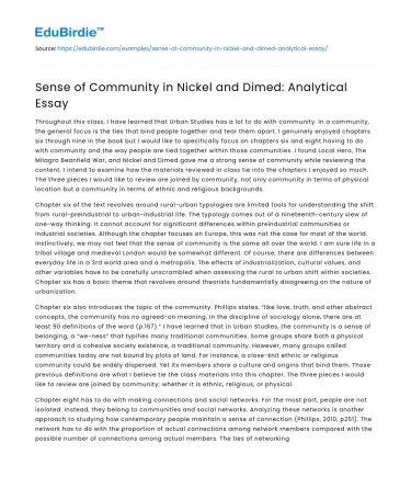Sense of Community in Nickel and Dimed: Analytical Essay