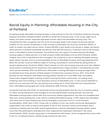 Racial Equity in Planning: Affordable Housing in the City of Portland