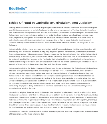 Ethics Of Food In Catholicism, Hinduism, And Judaism
