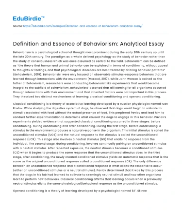 Definition and Essence of Behaviorism: Analytical Essay