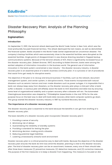 Disaster Recovery Plan: Analysis of the Planning Philosophy