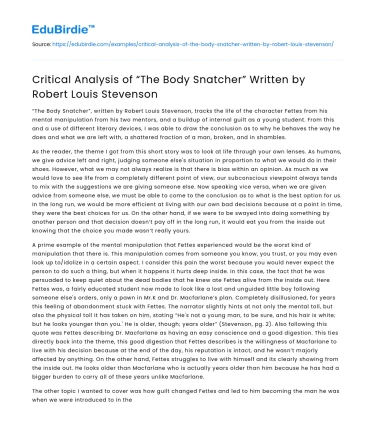 Critical Analysis of “The Body Snatcher” Written by Robert Louis Stevenson