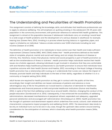 The Understanding and Peculiarities of Health Promotion