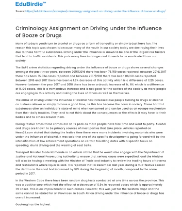 Criminology Assignment on Driving under the Influence of Booze or Drugs