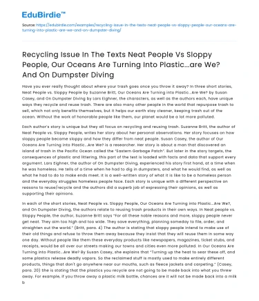 Recycling Issues in Neat People vs Sloppy People and Related Texts