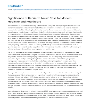 Significance of Henrietta Lacks’ Case for Modern Medicine and Healthcare