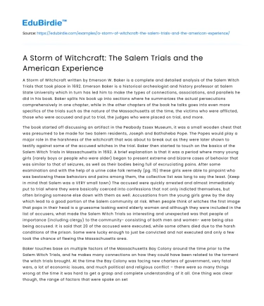 A Storm of Witchcraft: The Salem Trials and the American Experience