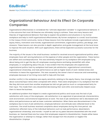 Organizational Behaviour And Its Effect On Corporate Companies