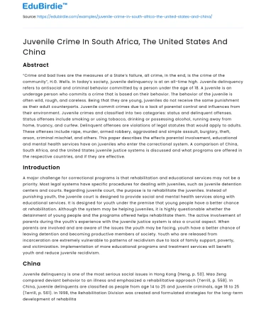 Juvenile Crime In South Africa, The United States And China