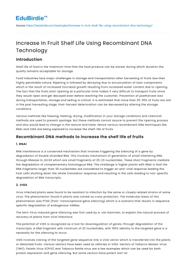 Increase In Fruit Shelf Life Using Recombinant DNA Technology