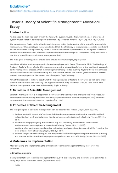 Taylor’s Theory of Scientific Management: Analytical Essay