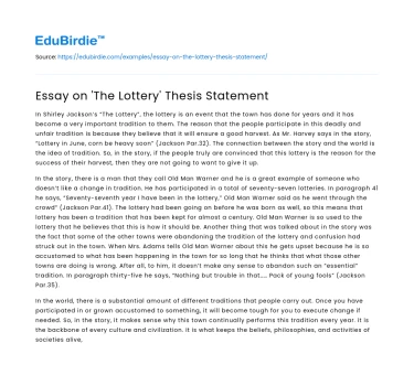 Essay on ‘The Lottery’ Thesis Statement