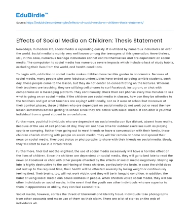Effects of Social Media on Children: Thesis Statement