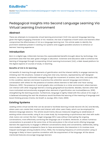 Insights into Second Language Learning Via Virtual Environment