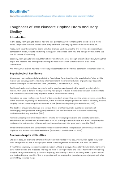 Toughness of Two Pioneers: Daphne Oram and Mary Shelley