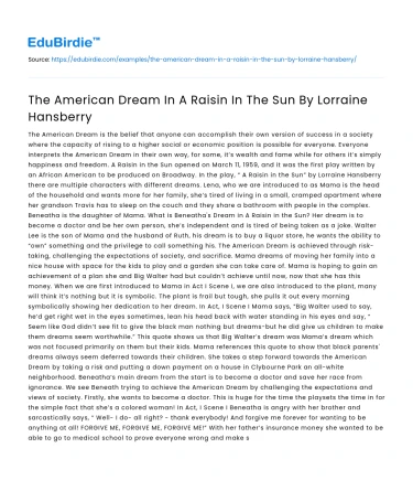 The American Dream In A Raisin In The Sun By Lorraine Hansberry