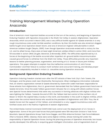 Training Management Missteps During Operation Anaconda