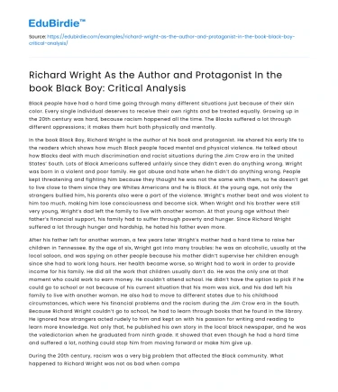 Richard Wright: Author & Protagonist in Black Boy: Critical Analysis