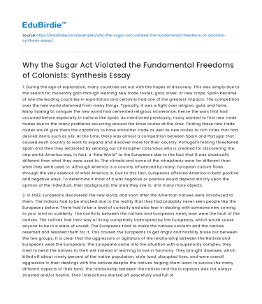 Sugar Act Violation of Colonists’ Freedoms: Synthesis Essay
