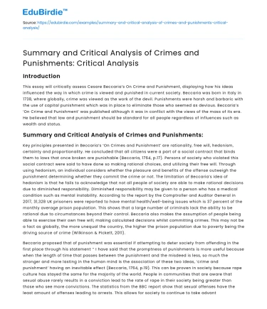 Crimes and Punishments: Summary and Critical Analysis
