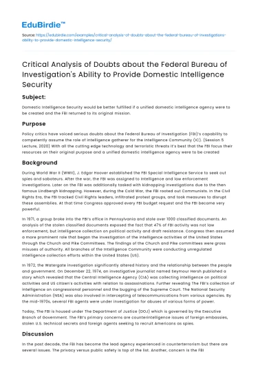 Doubts on FBI’s Domestic Intelligence Security