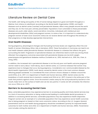 Literature Review on Dental Care