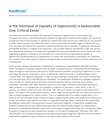 Is Dismissing Equality of Opportunity Reasonable? – Critical Essay