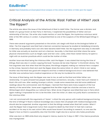 Critical Analysis: Rizal – Father of Hitler? Jack The Ripper?