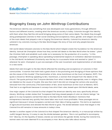 Biography Essay on John Winthrop Contributions