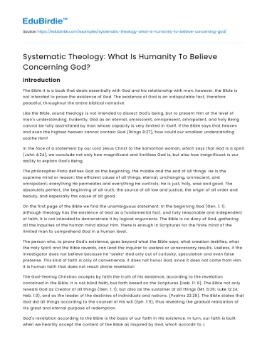 Systematic Theology: What Is Humanity To Believe Concerning God?