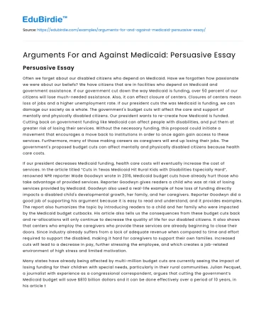 Arguments For and Against Medicaid: Persuasive Essay