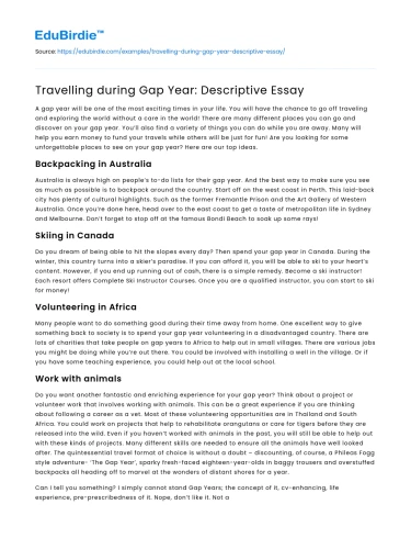 Travelling during Gap Year: Descriptive Essay