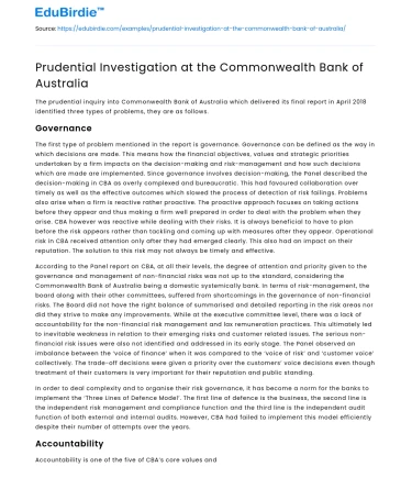 Prudential Investigation at the Commonwealth Bank of Australia