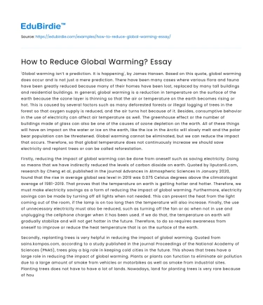 How to Reduce Global Warming? Essay