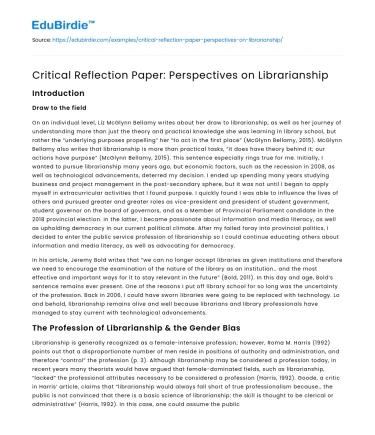 Critical Reflection Paper: Perspectives on Librarianship