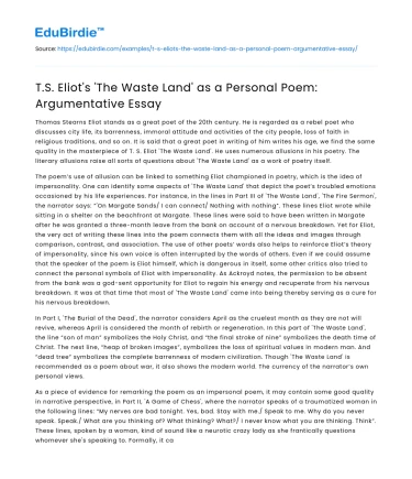 T.S. Eliot’s ‘The Waste Land’ as a Personal Poem: Argumentative Essay