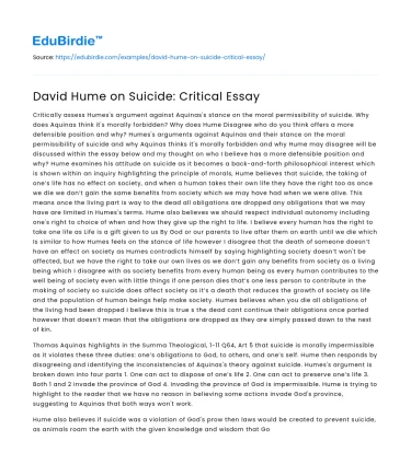 David Hume’s Perspective on Suicide: A Critical Analysis