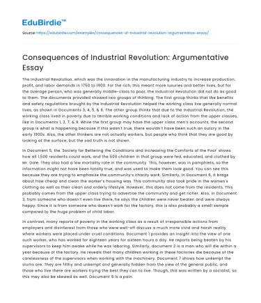 Consequences of Industrial Revolution: Argumentative Essay
