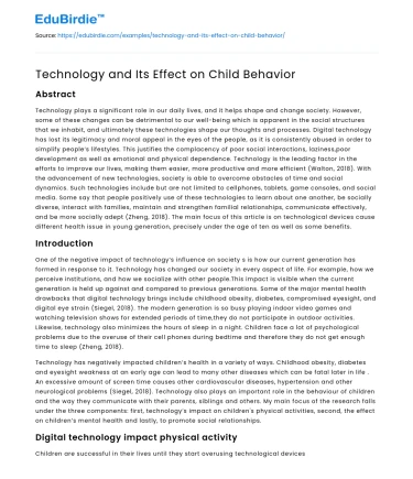 Technology and Its Effect on Child Behavior
