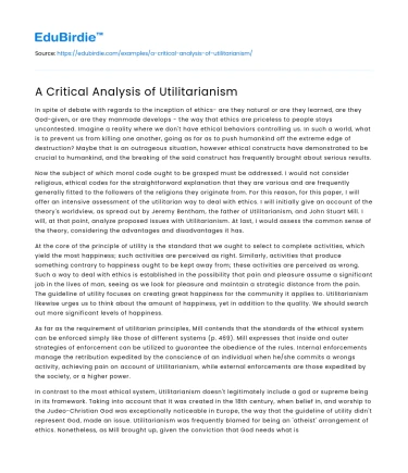 A Critical Analysis of Utilitarianism