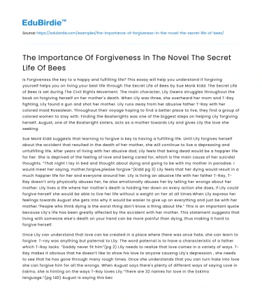 The Importance Of Forgiveness In The Novel The Secret Life Of Bees