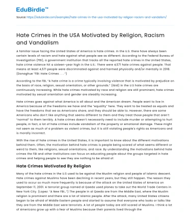Hate Crimes in the USA Motivated by Religion, Racism and Vandalism