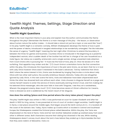 Twelfth Night: Themes, Settings, Stage Direction and Quote Analysis
