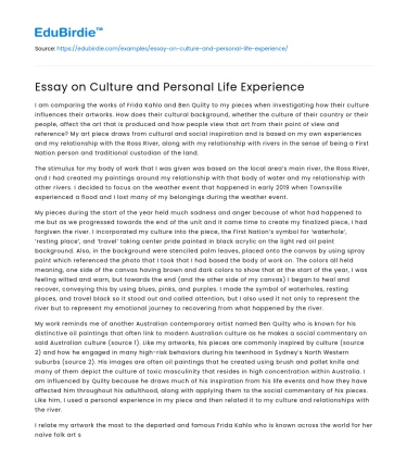 Essay on Culture and Personal Life Experience